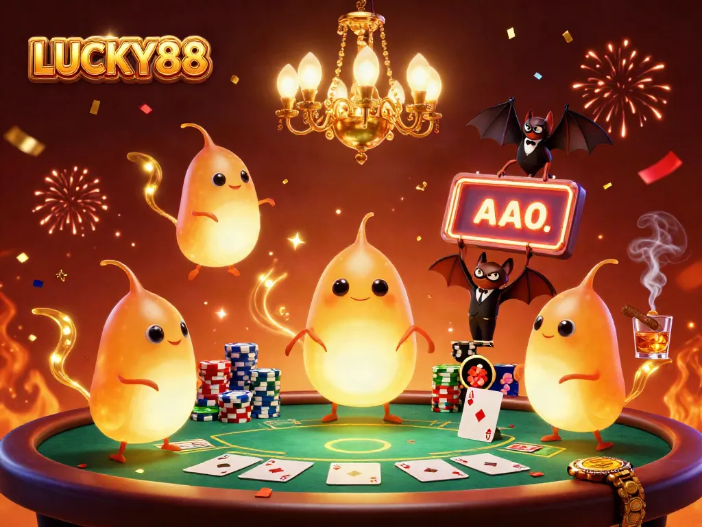 Experience LUCKY88's vibrant casino atmosphere with glowworms illuminating the high-stakes poker table.