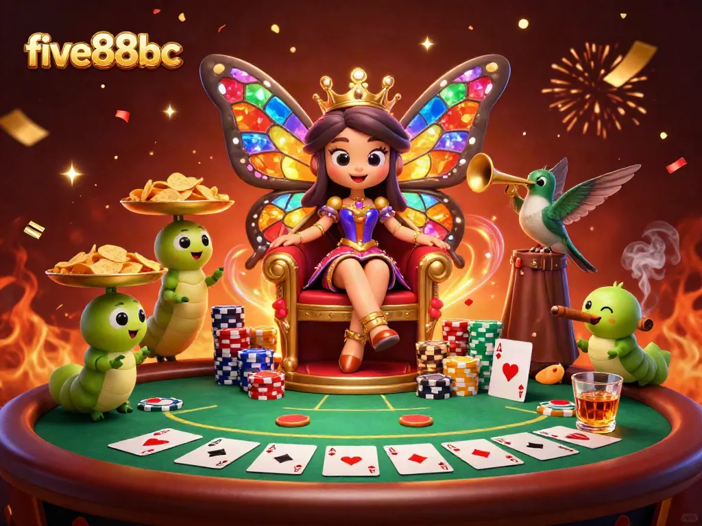 Experience the magic of five88bc with vibrant casino elements and a butterfly queen in a dazzling scene.