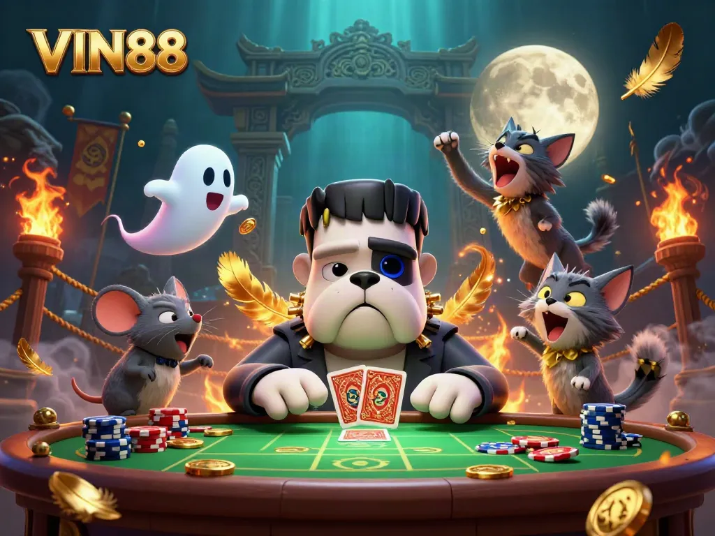 Deal cards at VIN88 casino with unique characters in a lively gaming scene featuring exciting action.
