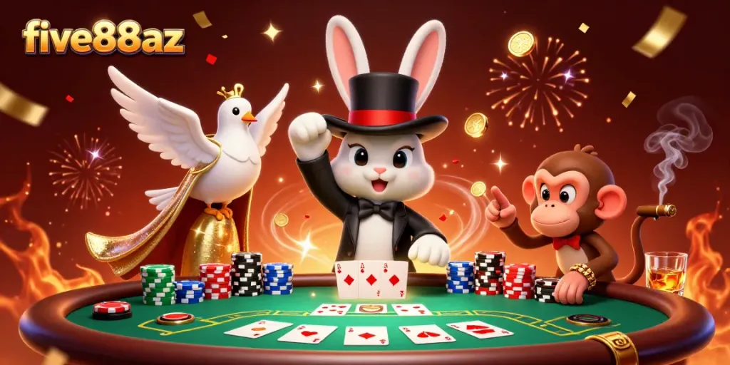Experience the vibrant magic of five88az at a lively poker table with soaring poker chips and enchanting characters.