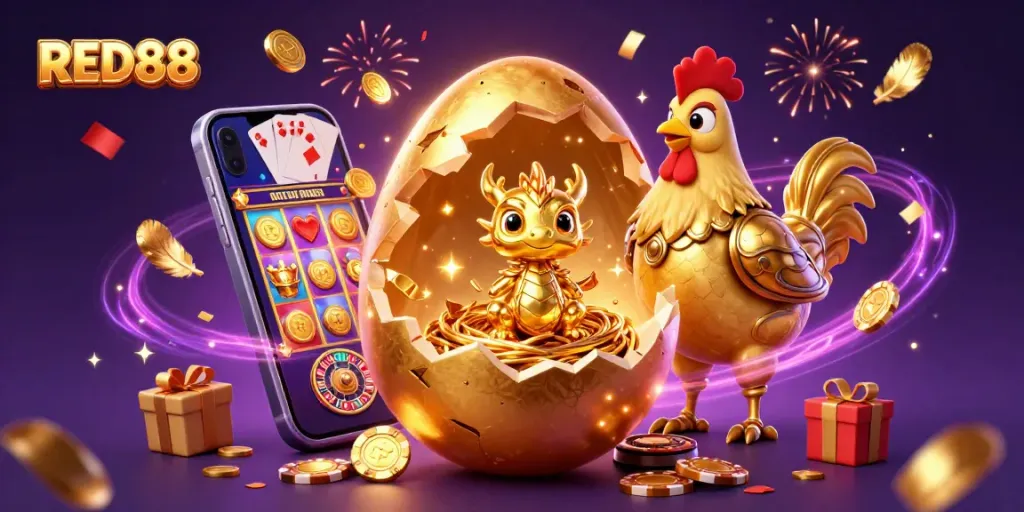 Experience thrilling gaming with RED88's vibrant casino scene featuring a golden dragon and exciting slot games.