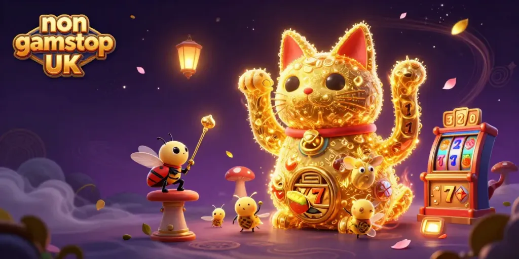 Experience the magic of non gamstop casinos UK with a vibrant, dynamic casino-themed illustration featuring a lucky cat and slot elements.