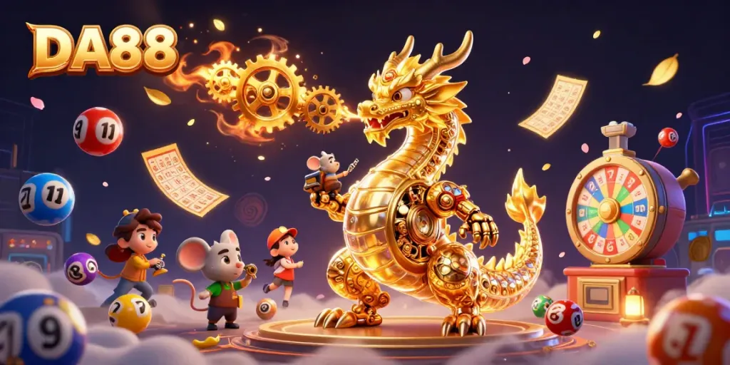Spin to win at DA88 with a golden dragon and vibrant lottery elements capturing casino excitement.