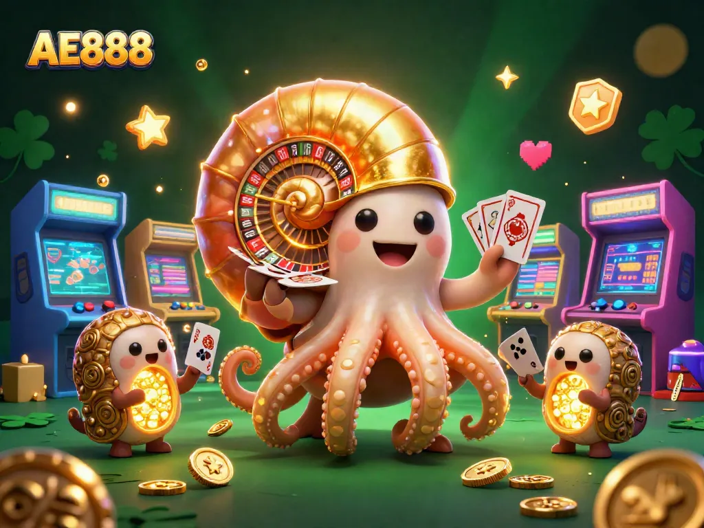 Experience thrilling moments with AE888, featuring a giant nautilus roulette wheel and vibrant casino elements.