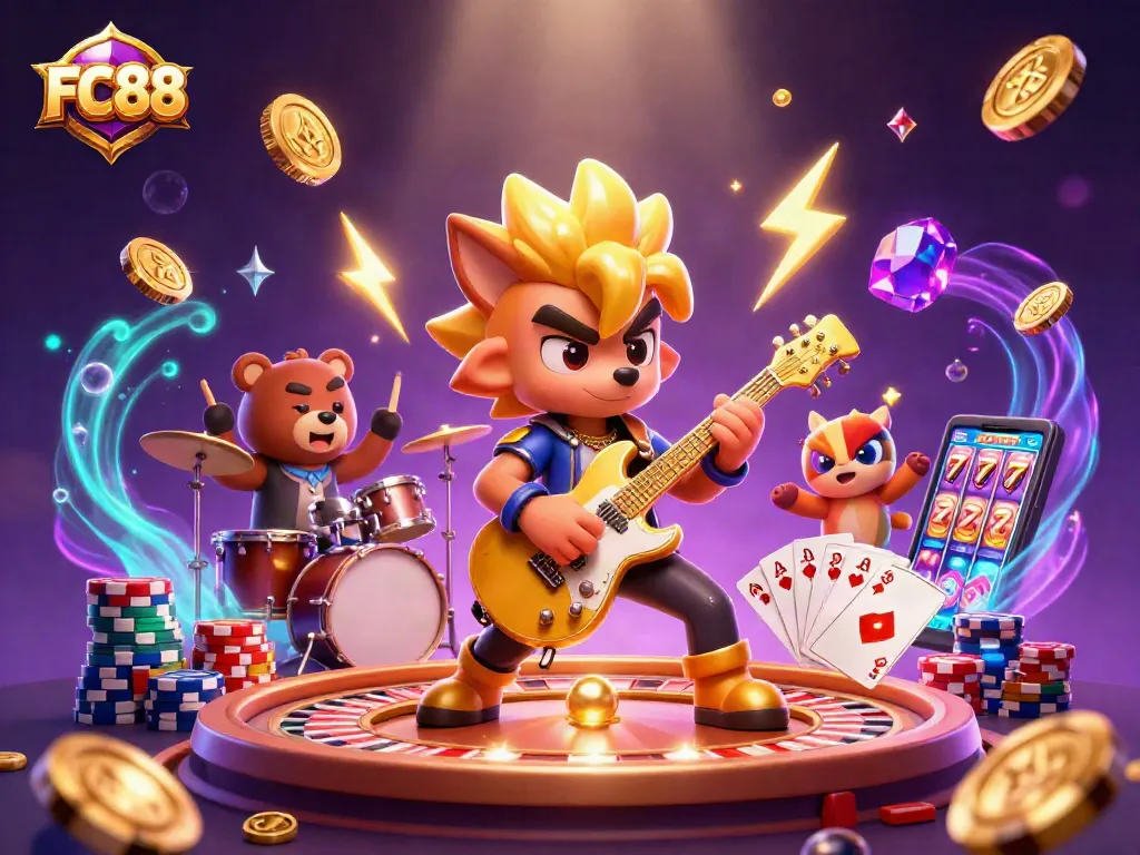 Join the excitement of FC88 with a wild wolf guitarist and bear drummer in a dynamic casino scene.