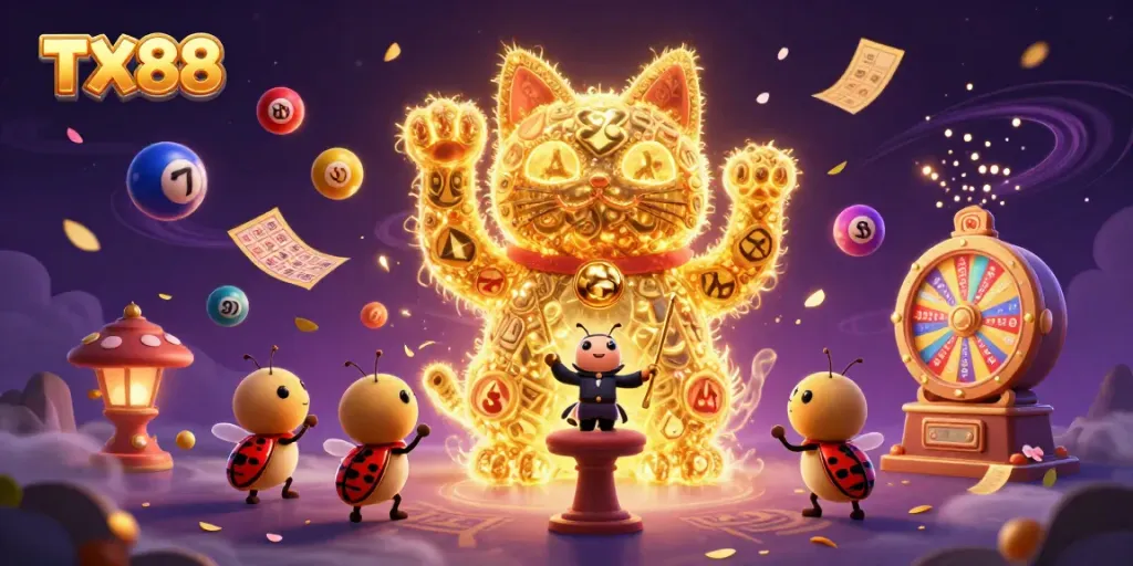 Engage with TX88's vibrant online casino world through a dynamic illustration of a golden lucky cat amidst lively game elements.