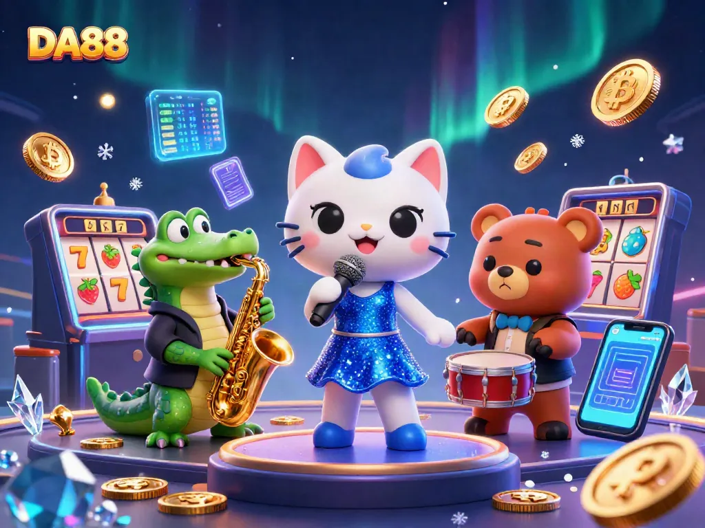 Experience DA88 excitement with thrilling slot reels and characters in a vibrant casino scene.