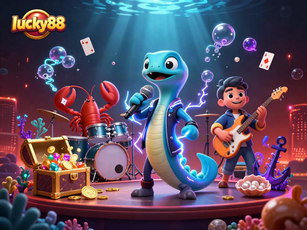 lucky88 casino-themed illustration showcasing a vibrant underwater DJ performance with dynamic gaming elements