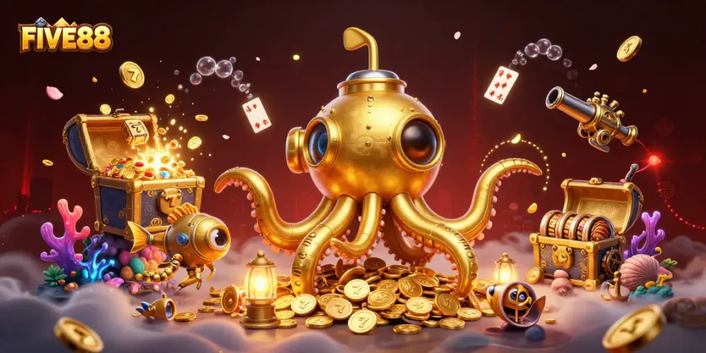 Engage in thrilling gameplay at FIVE88 with vibrant underwater scenes and slot elements.