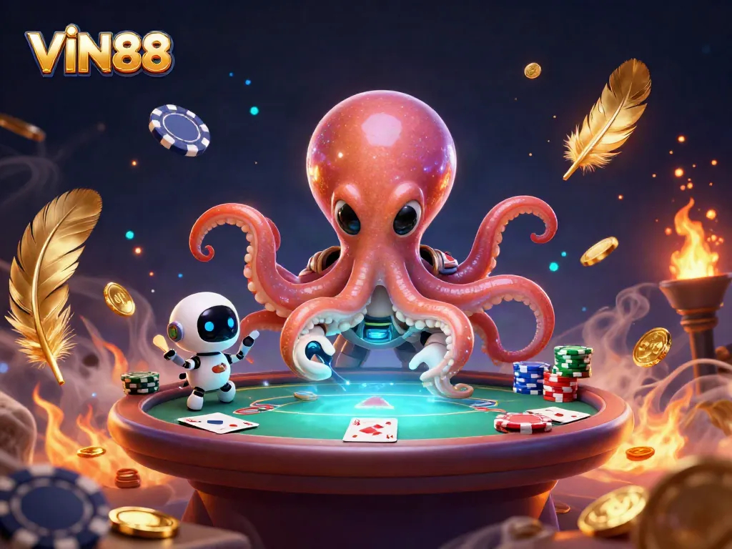 Play exciting poker games with VIN88 at a vibrant, galactic-themed casino illustrated scene.