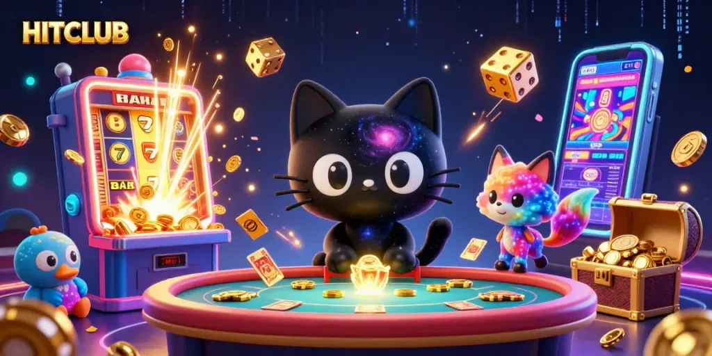 Win big with HITCLUB: a cosmic casino adventure featuring a black hole cat and colorful nebula fox!