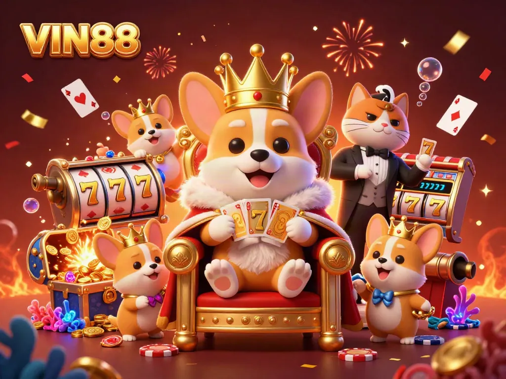 Play exciting slots at VIN88, featuring a royal corgi on a poker chip throne amid colorful gems and confetti.