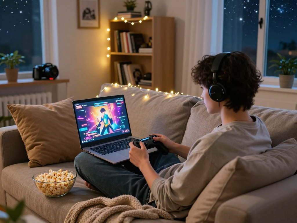 Engaged gamer enjoying a hentai game on a cozy living room sofa.