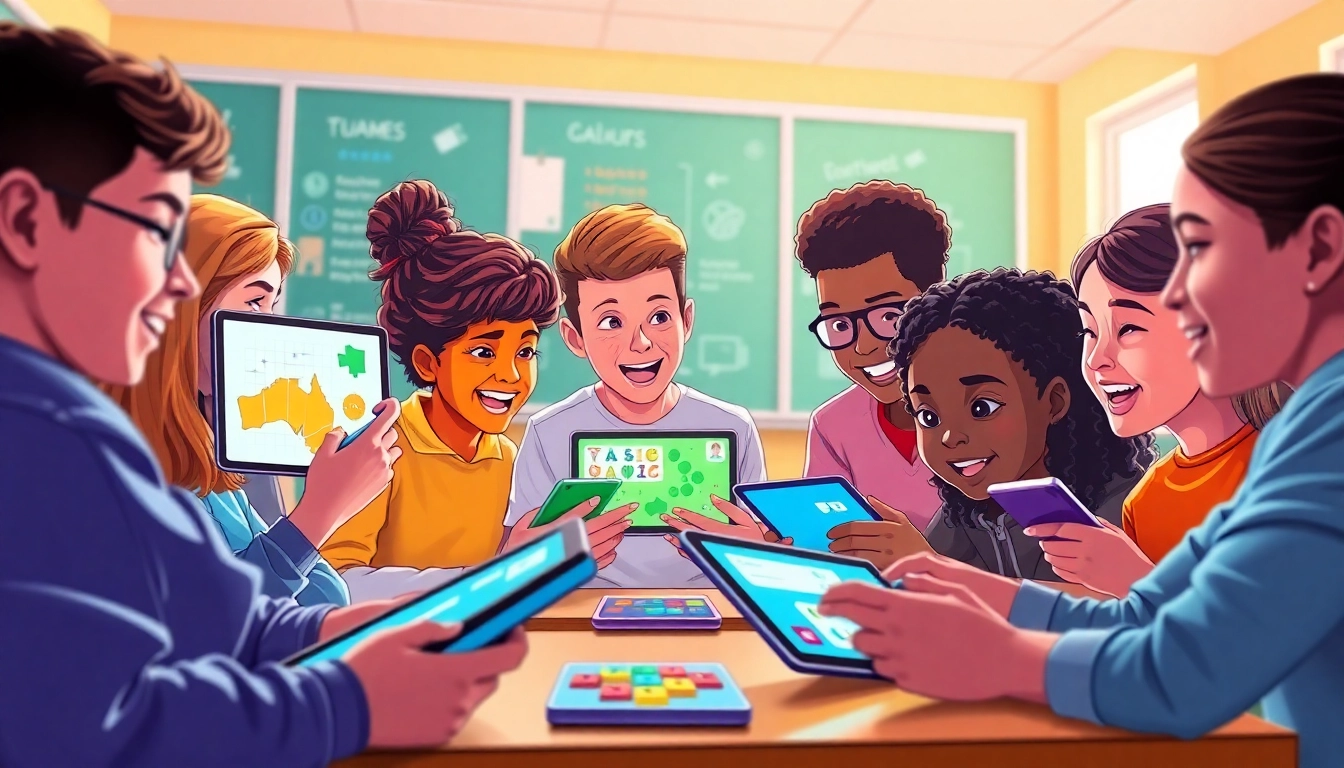 Students engaging in educational gamification activities with tablets and games.