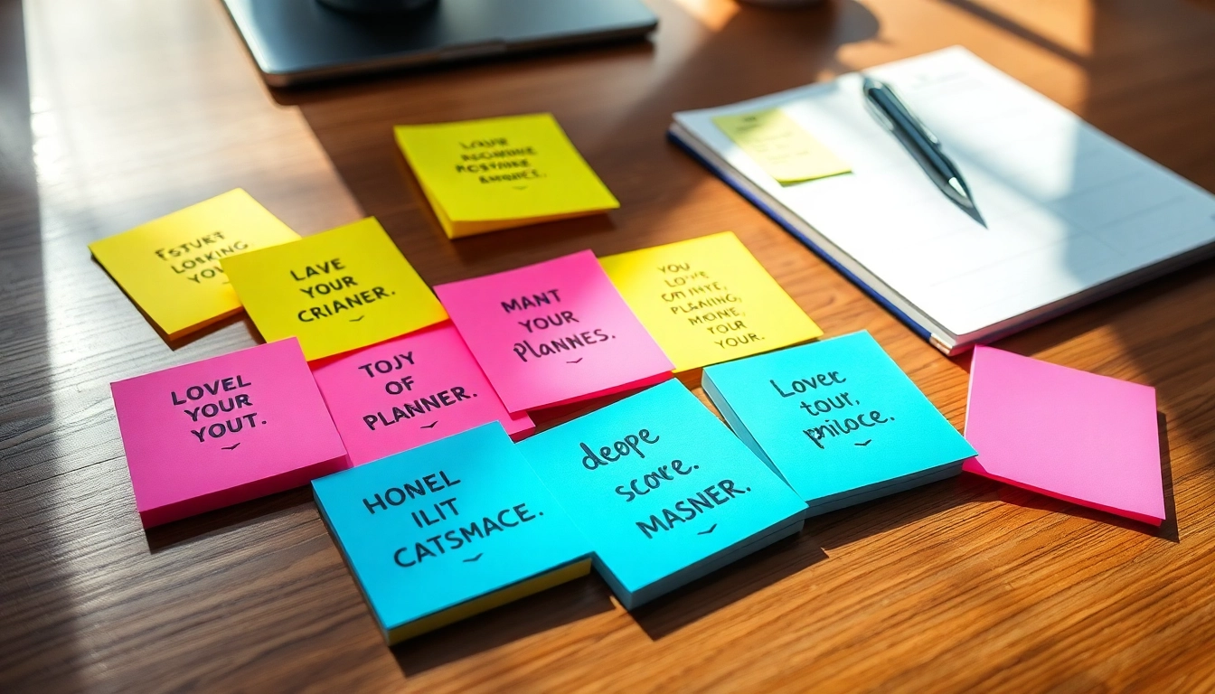Colorful custom sticky notes organized on a wooden desk, enhancing workspace organization.