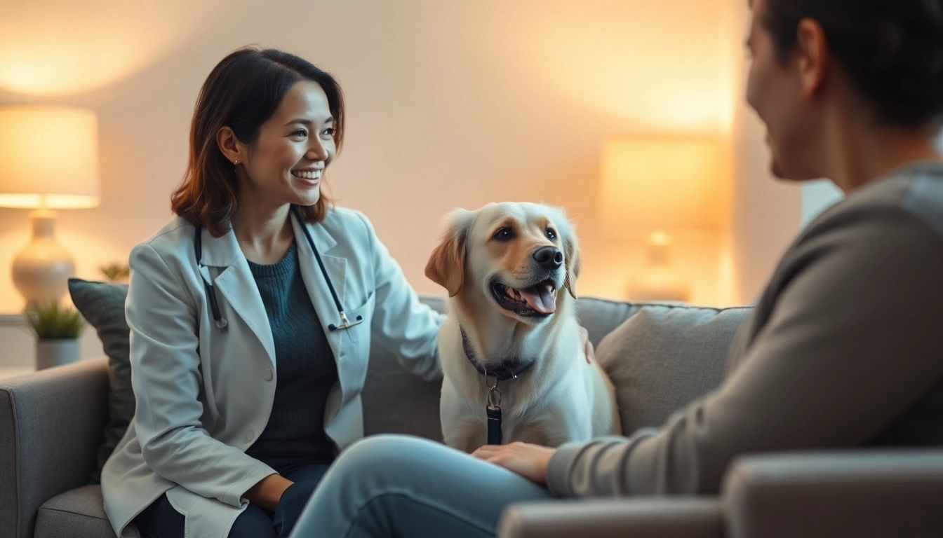 Psychologist with a dog Sydney providing a comforting therapy session with a dog at the client's side.