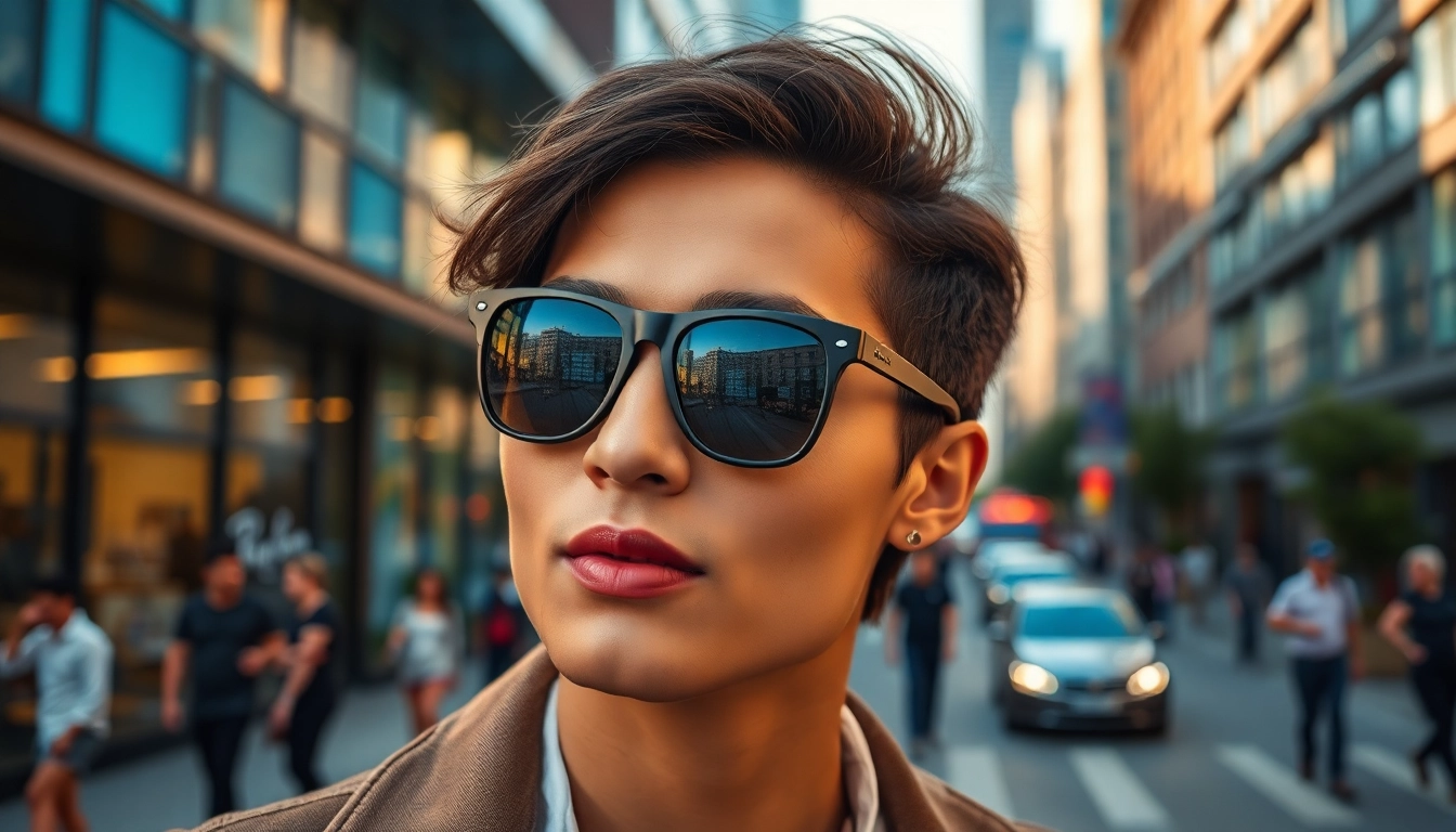 Stylish individual wearing Ray Ban Meta glasses in an urban setting.