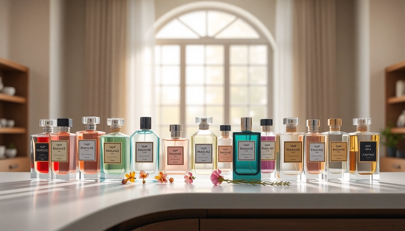 Showcasing cheap perfume alternatives with elegant bottles and natural ingredients.