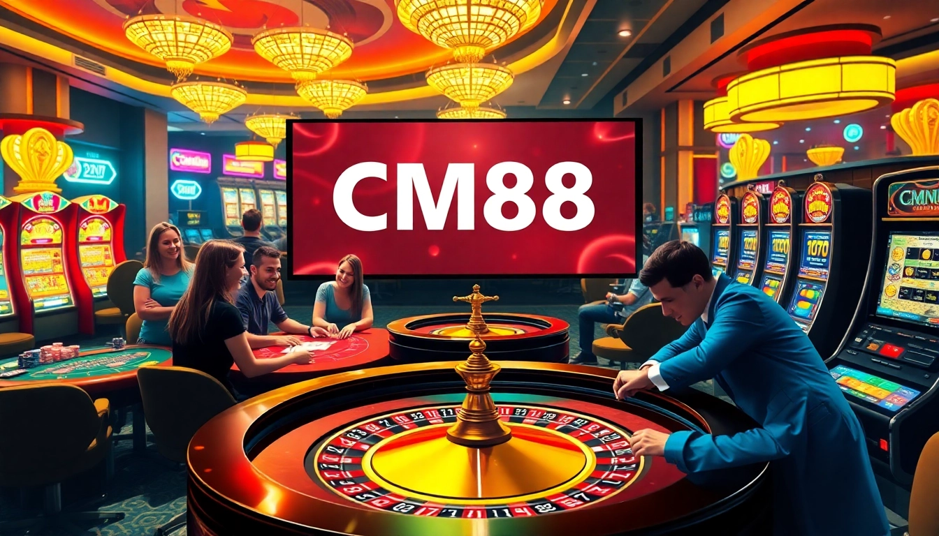 Players enjoying a thrilling evening at the casino with CM88 displayed on a digital screen, showcasing vibrant gambling action.