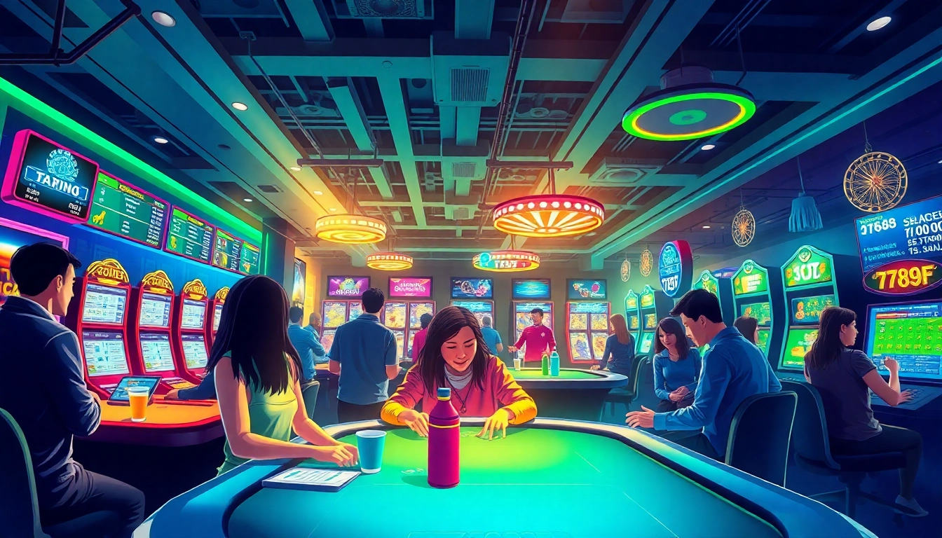 Exciting scene of online betting with diverse players enjoying 789f gaming activities in a lively casino atmosphere.