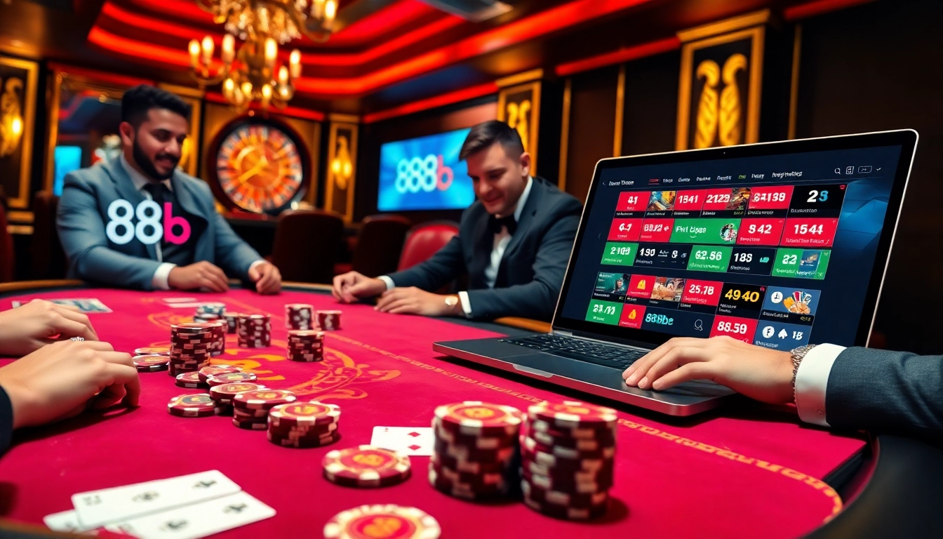 Players engaged at a luxurious poker table with 888b branding and quality gaming elements.