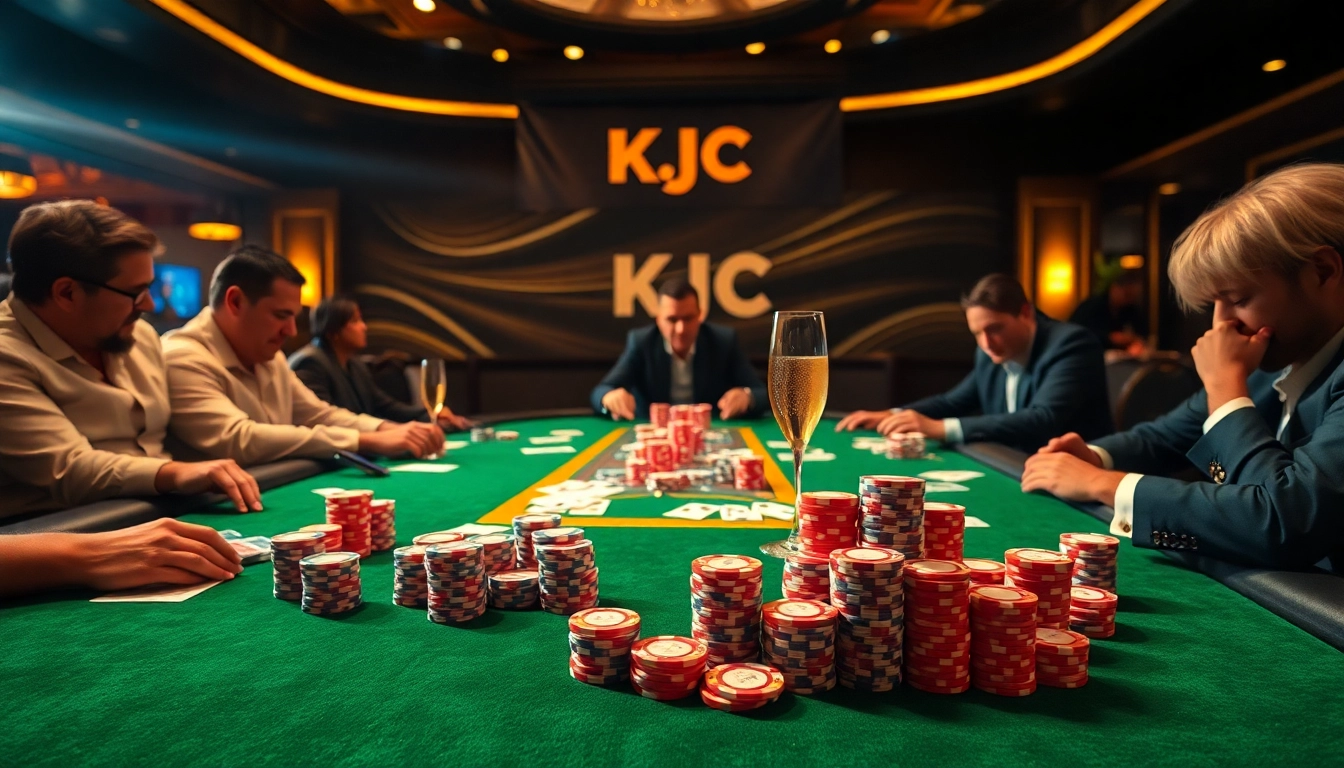 KJC enhances the thrill of gambling with a vibrant poker scene filled with players and colorful chips.