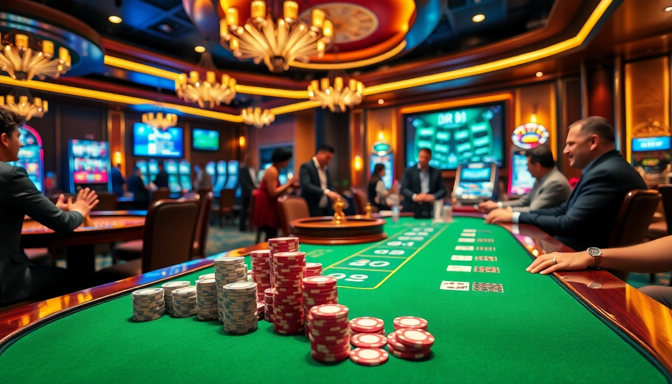 Experience the thrill of DR88 gaming with luxurious casino tables and vibrant poker chips.