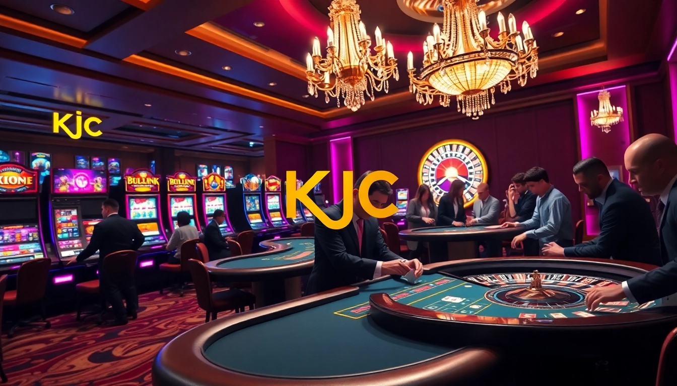 KJC branding shines in a luxurious casino environment with excited players at gaming tables.