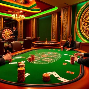 Action-packed poker game at F168, showcasing vibrant casino atmosphere with cards and chips.