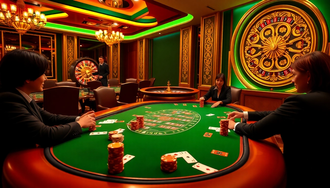 Action-packed poker game at F168, showcasing vibrant casino atmosphere with cards and chips.