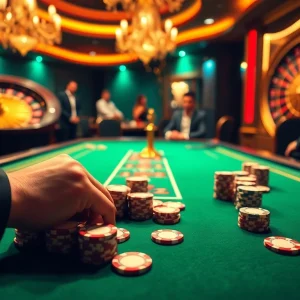 Experience luxurious gaming at Hello88, featuring vibrant poker chips and a spinning roulette wheel.