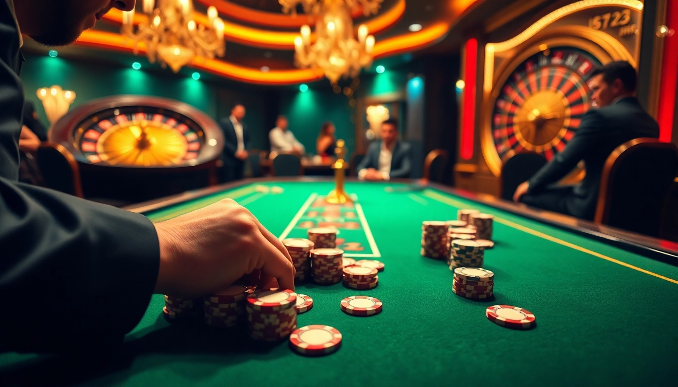Experience luxurious gaming at Hello88, featuring vibrant poker chips and a spinning roulette wheel.