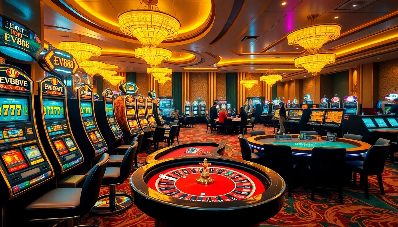 Experience the thrill of gaming at EV88's luxurious online casino atmosphere with vibrant tables.