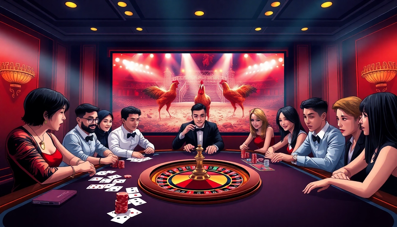 Excited players engage in live betting at SV388 casino, featuring a roulette wheel and poker chips.