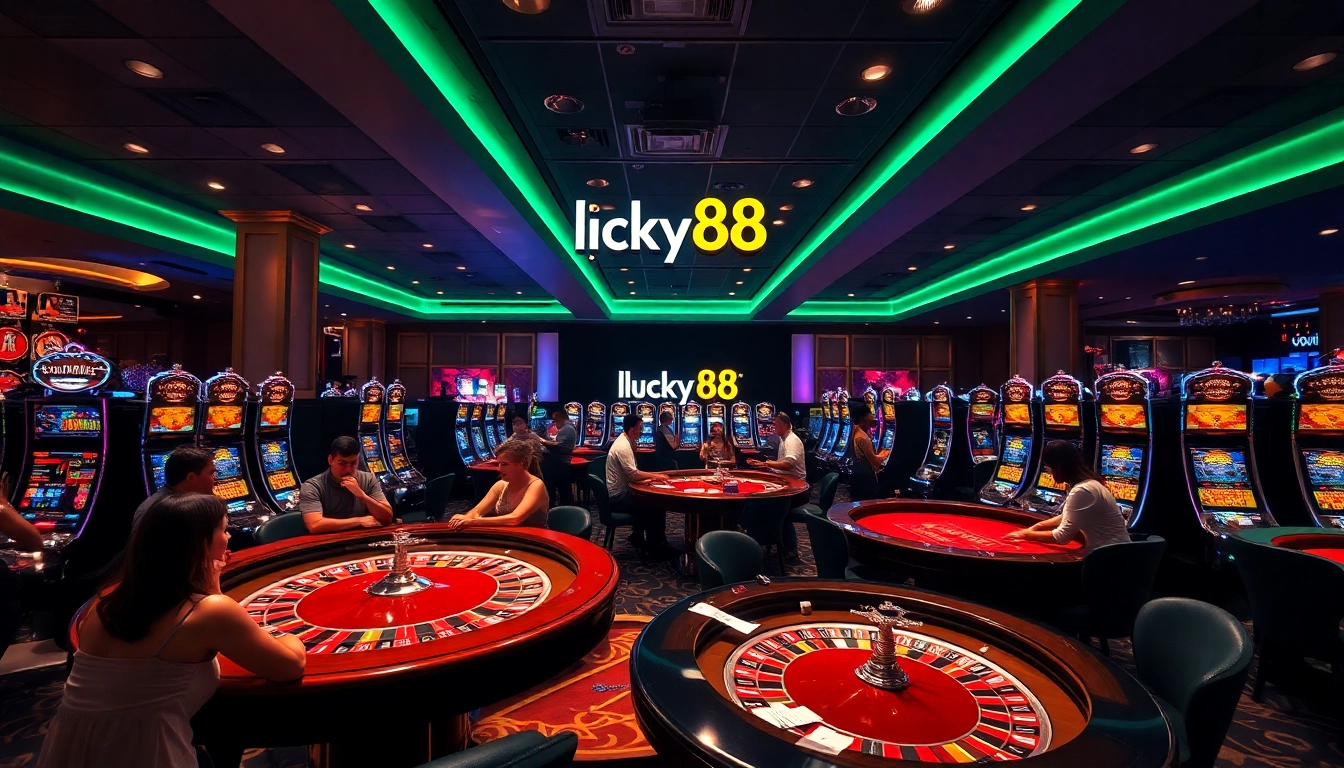 Lucky88 players enjoying the excitement of roulette and slot machines in a vibrant casino atmosphere.