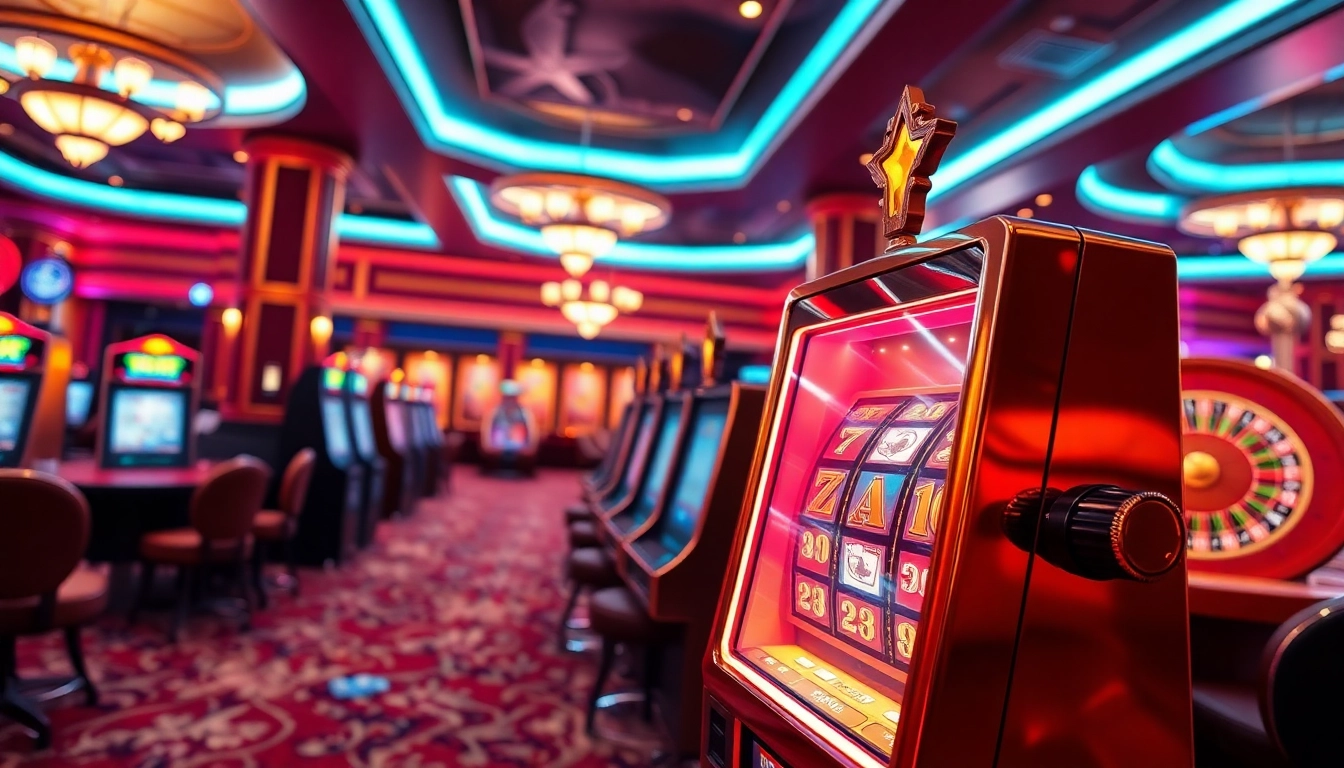 Engage in thrilling online slots with doaslot login at a luxurious casino setting featuring vibrant colorful elements.