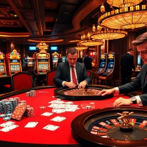 Players engaging in a thrilling poker game at a luxurious table, representing the excitement of https://king88b.us.com/.