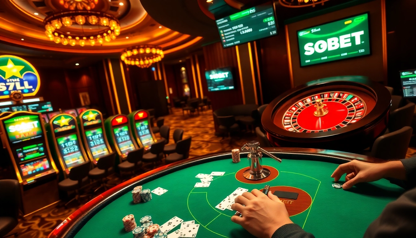 Players enjoying a thrilling blackjack game at SBOBET's modern casino, highlighted by vibrant slot machines.