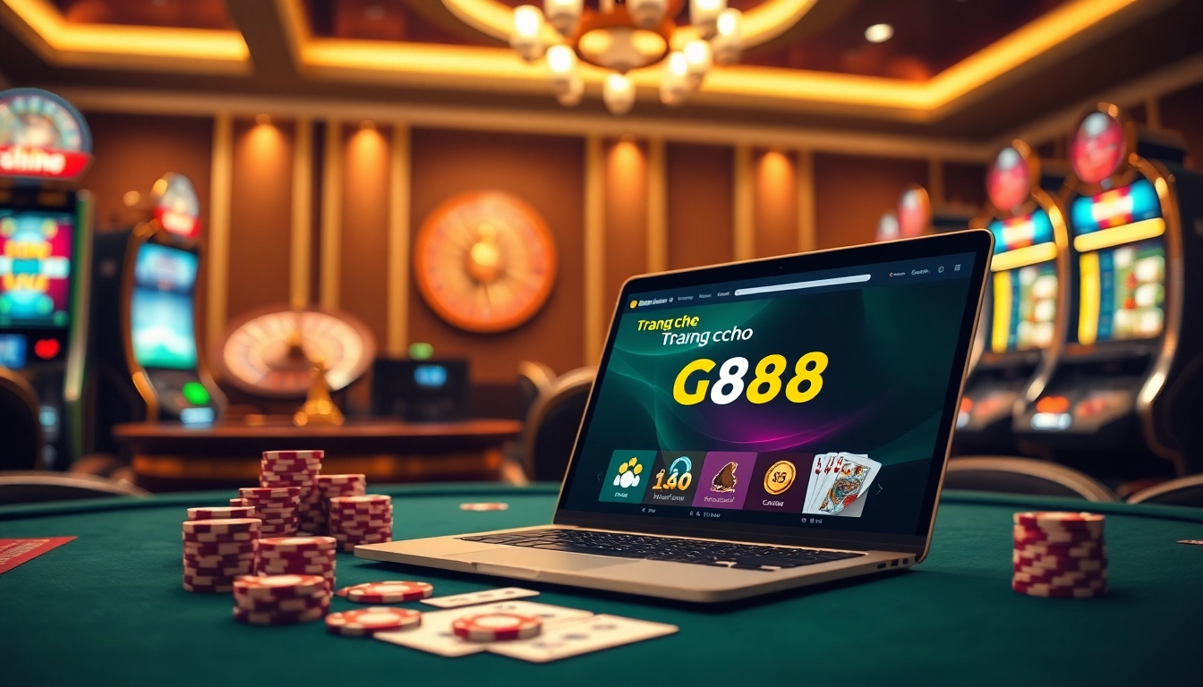 Play at trang chủ GG88 with vibrant poker chips and a roulette wheel in an elegant online casino setting.