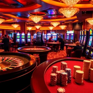 F168 guests experiencing thrilling gameplay at a luxurious casino with vibrant slot machines.