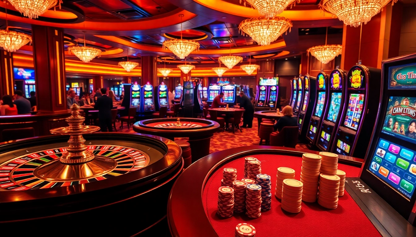 F168 guests experiencing thrilling gameplay at a luxurious casino with vibrant slot machines.