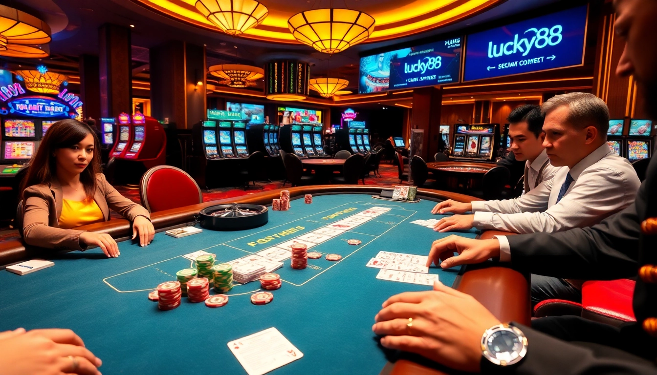 Players engaging in high-stakes poker at lucky88, showcasing excitement and luxury in the casino.