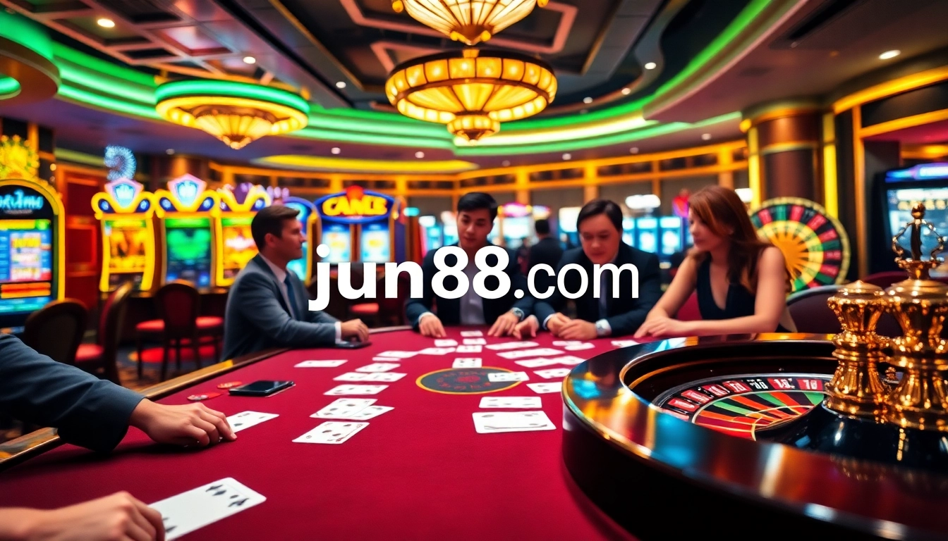 Exciting casino gaming scene at jun88.com showcasing poker and roulette.
