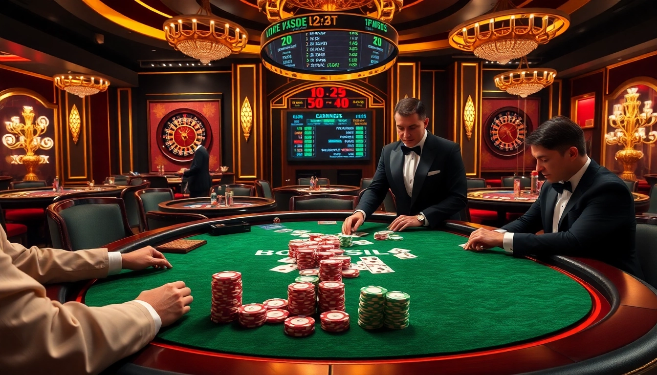 Players engaged in a high-stakes poker game at https://fabet.free/, showcasing vibrant chips and luxurious casino decor.