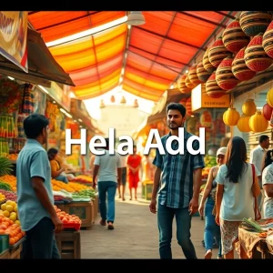 Hela Add sign in a vibrant Sri Lankan marketplace filled with fresh produce and colorful stalls.