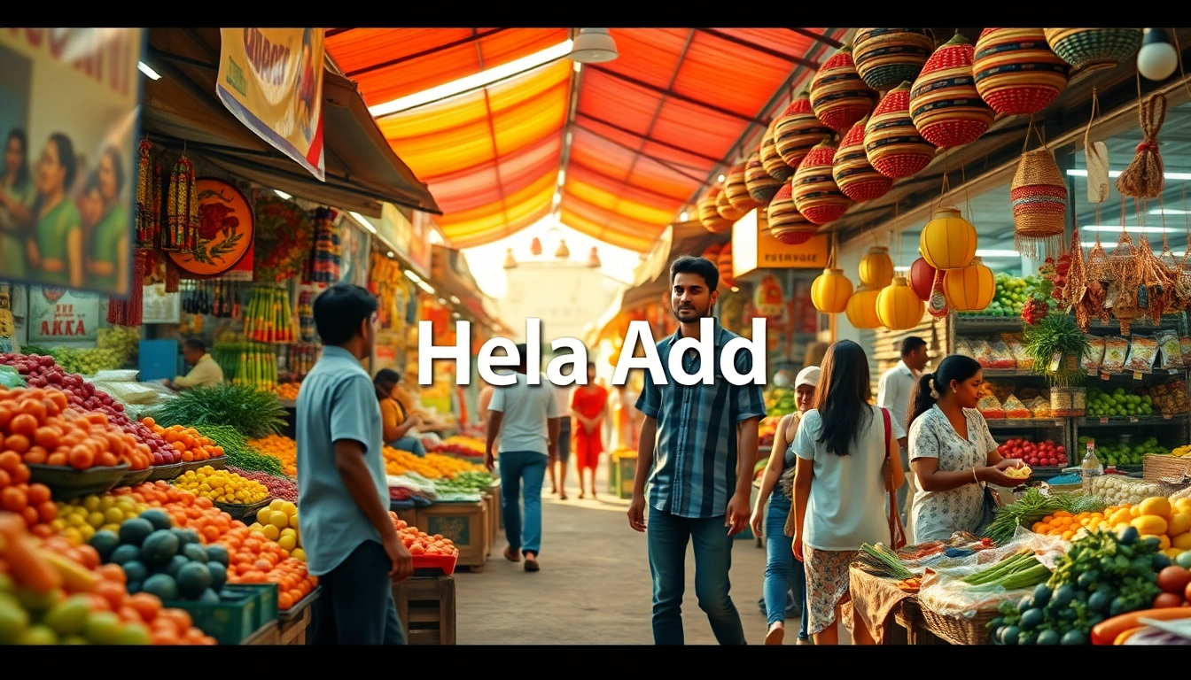 Hela Add sign in a vibrant Sri Lankan marketplace filled with fresh produce and colorful stalls.