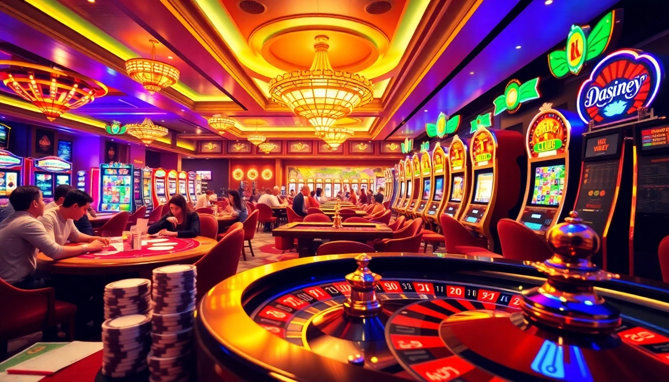 Exciting casino atmosphere with players at RR888 poker tables and vibrant slot machines.