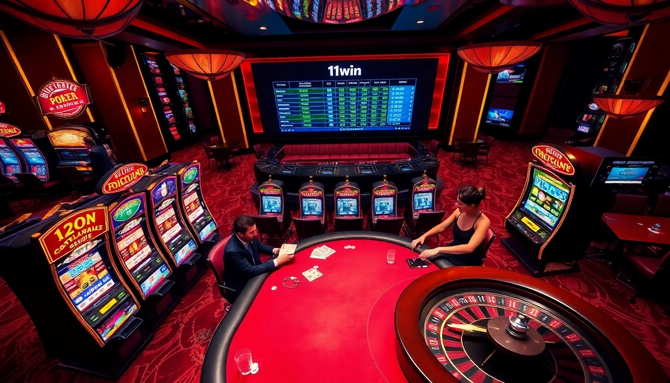 Players enjoying an intense poker game at 11win Casino, surrounded by vibrant slot machines.