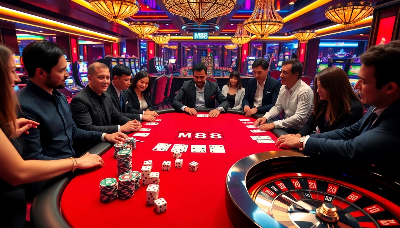 M88 casino players engaging at a poker table, showcasing excitement and strategy.