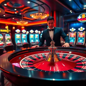 Experience the thrill of casino gaming with Nhà cái RR88, featuring roulette tables and colorful chips.
